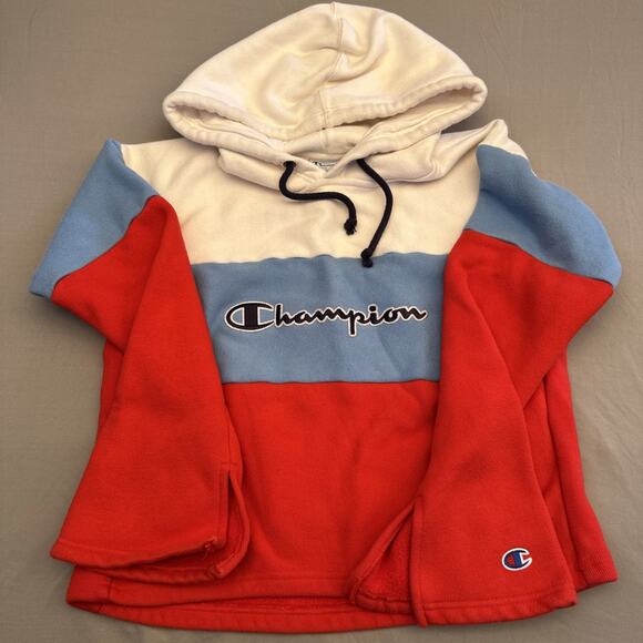 Champion Sweater Womens Medium Blue Red Reverse Weave Hooded Retro Split Sleeves - Picture 1 of 13